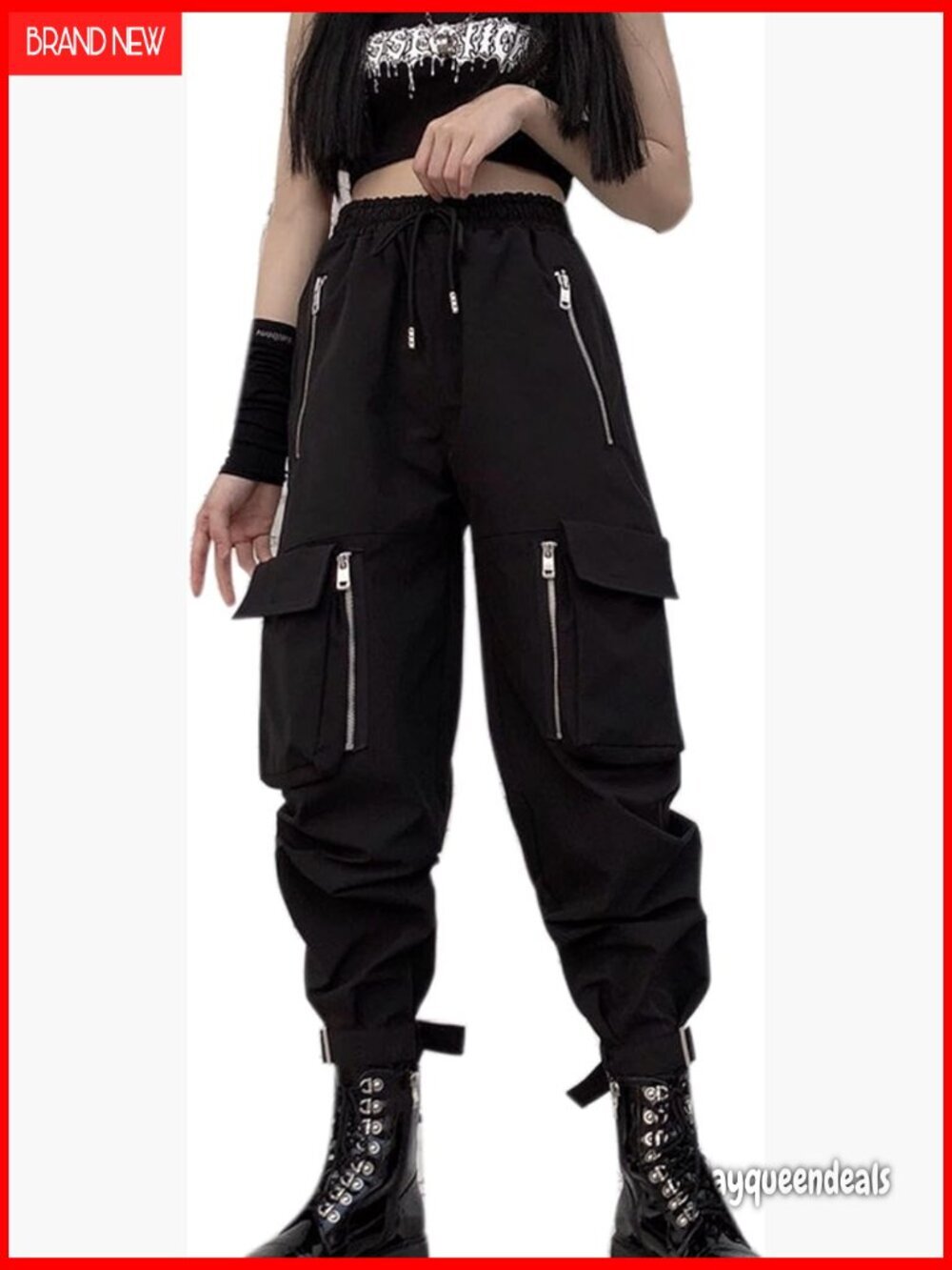 High Waisted Cargo Pants with Chains, Multi-Pocket, Loose Fit, Polyester Blend